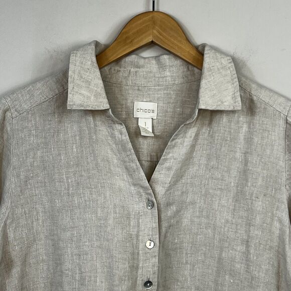 Chico's Beige Tan 100% Linen Button-Up Tunic Shirt Shirt - Picture 4 of 10